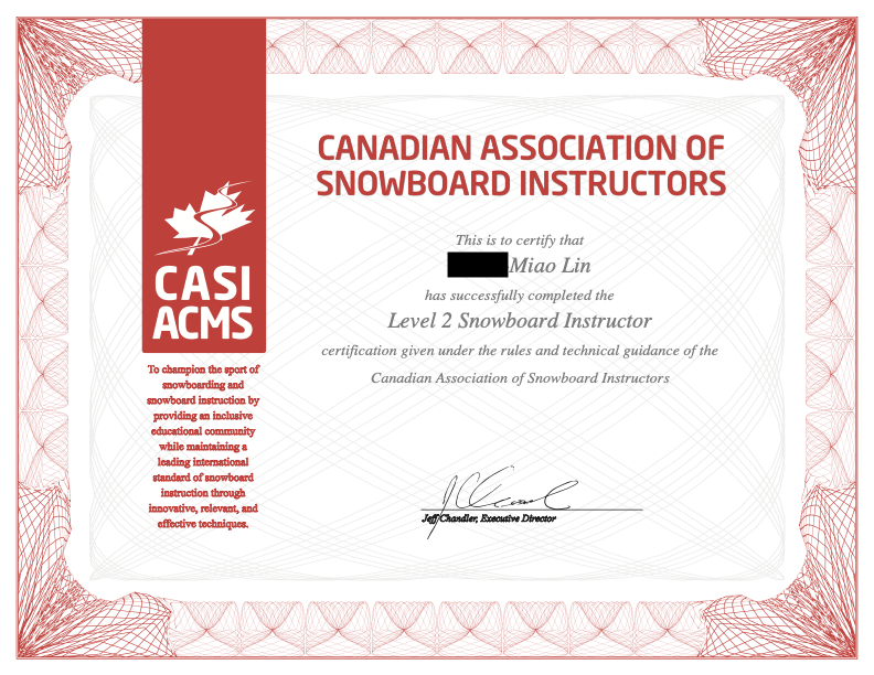 Miao CASI Level 2 Snowboard Instructor certificate